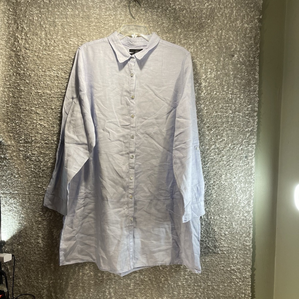 Tahari Women Linen Button Tunic Top Size 1X Light Blue Lagenlook Beach Coastal